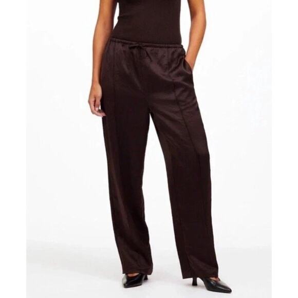 Madewell Pants - Madewell Pintuck Pull On Satin Pants Drawstring Dark Carob Brown SZ XXL EUC